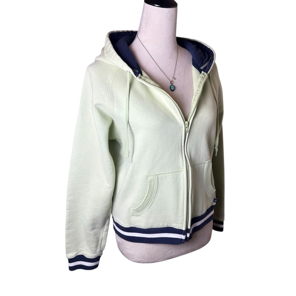 Arizona Y2K Vintage Pastel Pistachio Green Zip Hoodie Jacket Navy Striped Trim - Picture 2 of 9